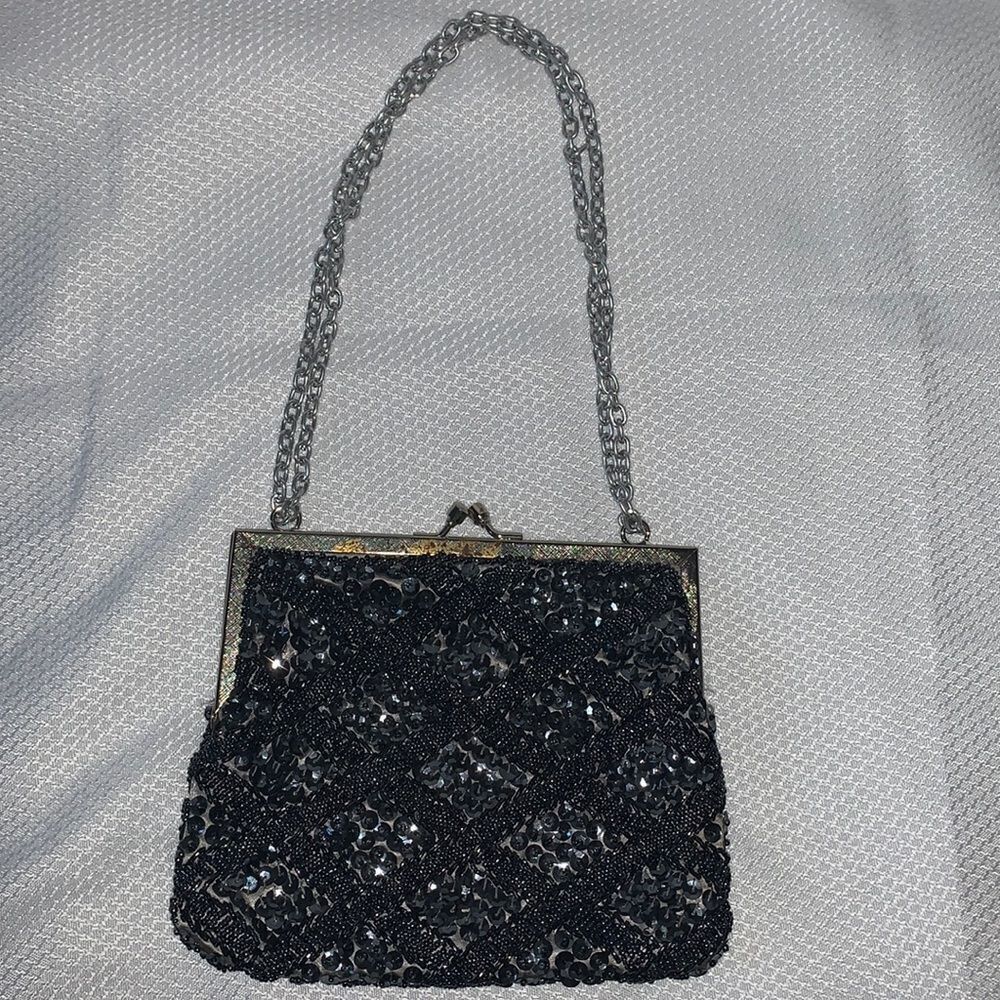 Small Evening Vintage bag Magid with sequins in black and blue color.